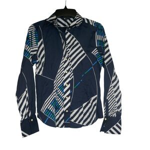 Paperwhite Shirt Womens 4 Blue Geometric Striped Artsy Cotton Button Down Blouse